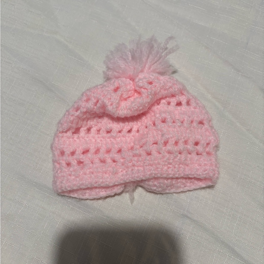 Vintage Pink Knitted Pom-Pom Newborn Hat